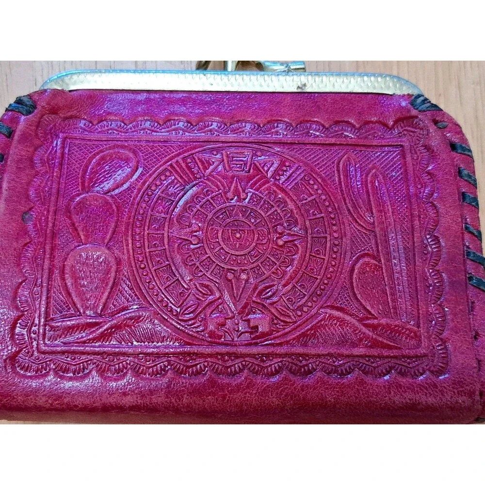 Vintage Red Tooled Leather Coin Purse Mexican Aztec Mayan Kiss Lock FLAWS